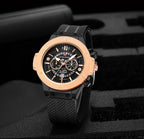 Mens Rose Gold Silicone Sports Watch – 46mm Hollow Dial for Daily Fashion