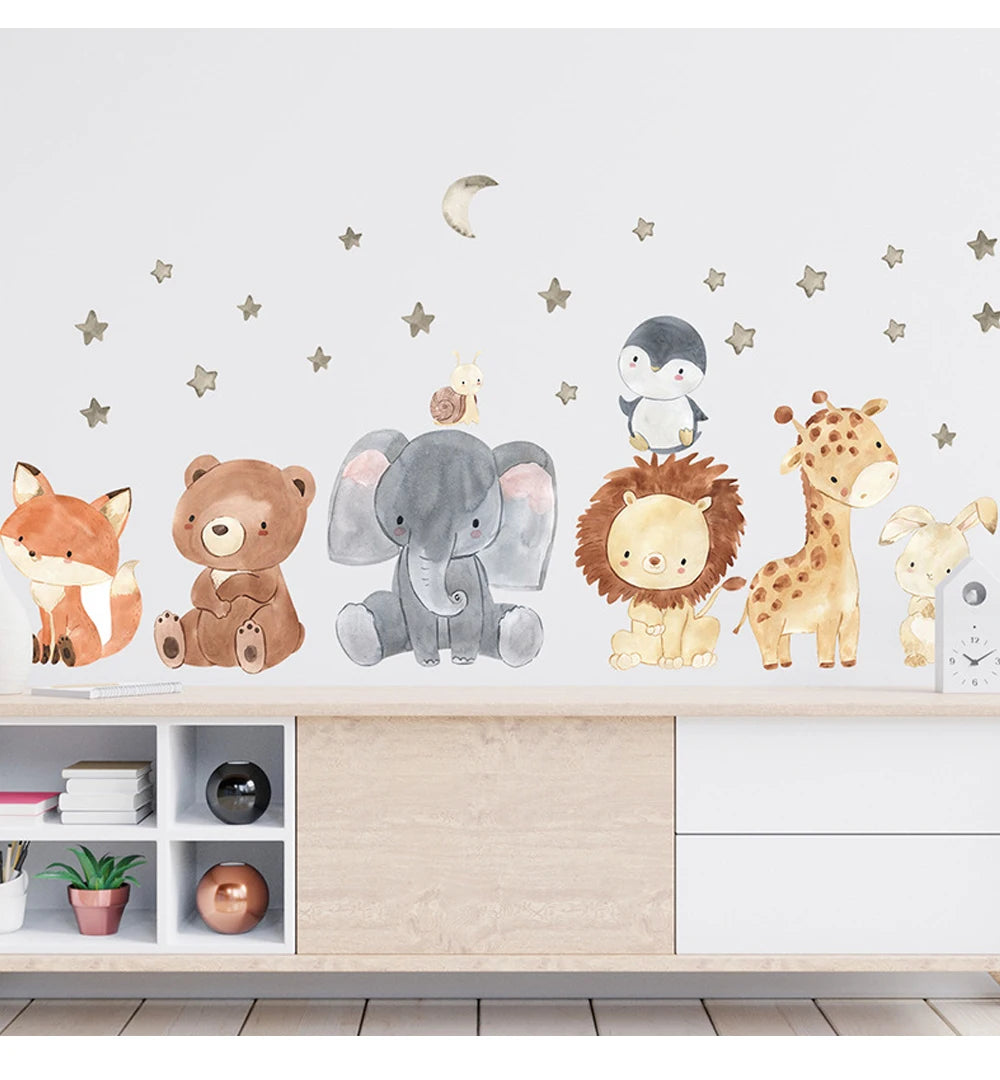 Watercolor Safari Animal Wall Decals – Cute Nursery Decor for Kids Rooms