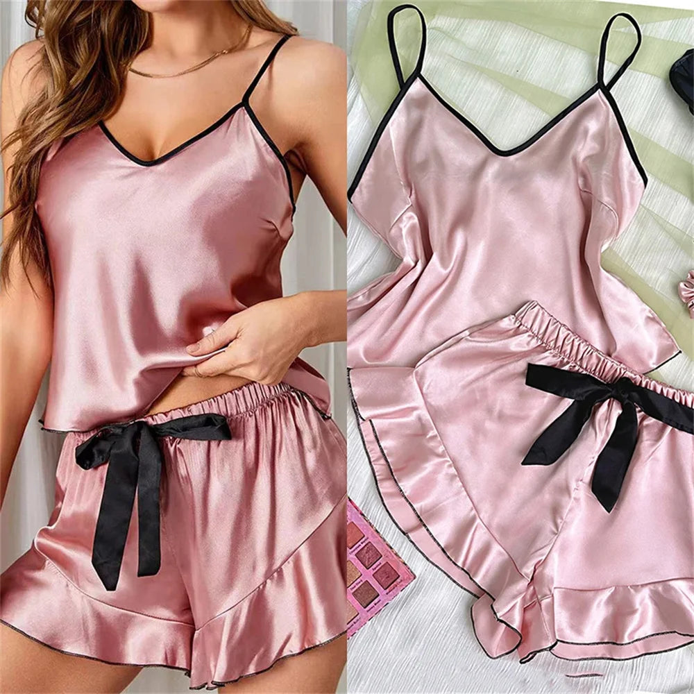 Satin V-Neck Pajama Set – Ruffled Bow Shorts for Loungewear and Sleep