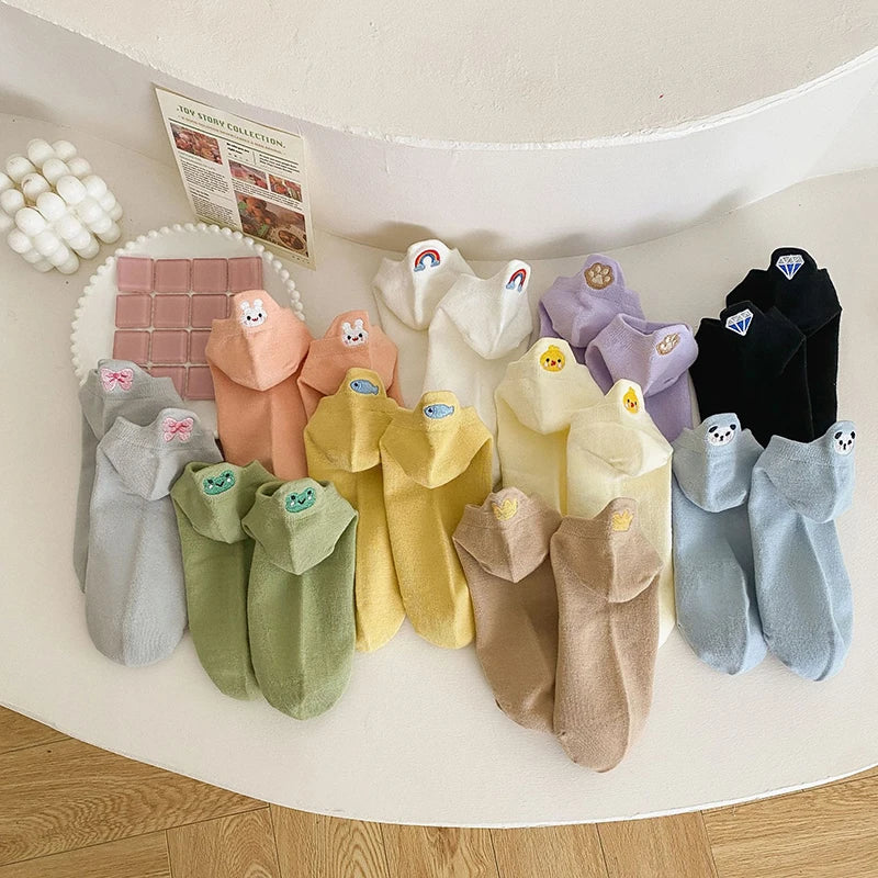 Embroidered Cotton Animal Socks – Breathable Casual Footwear for Women