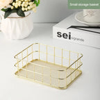 Gold Iron Storage Basket – Geometric Desktop Organizer for Makeup Brushes