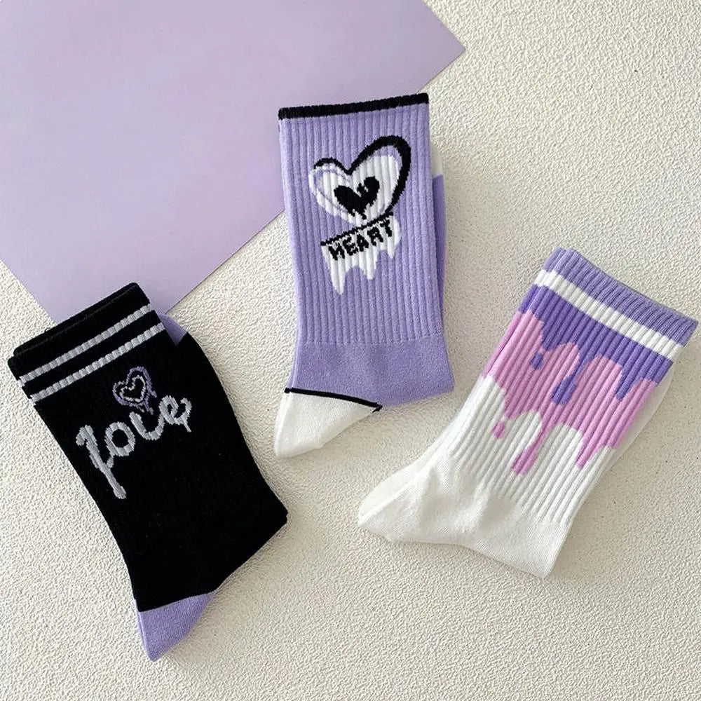 Cotton Heart Print Crew Socks – Kawaii Korean Style for Women
