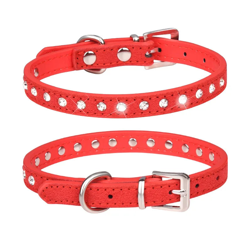Rhinestone Leather Dog Collar – Adjustable Pet Accessory for Small and Medium Pets