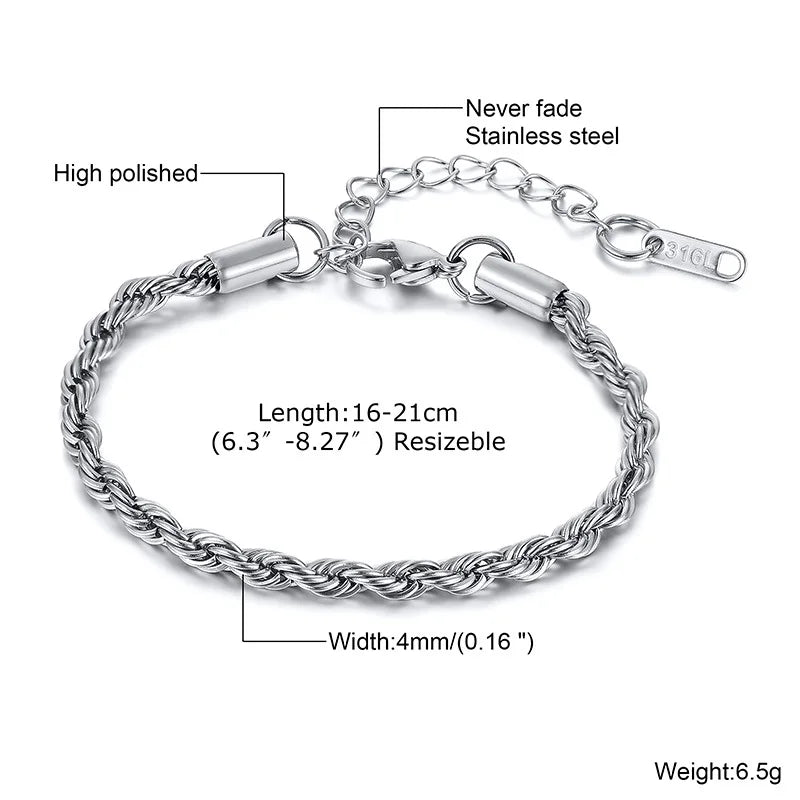 Stainless Steel Rope Chain Bracelet – Unisex Twisted Link Jewelry for Gift