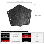 Black PU leather arm guard with Viking-inspired embossed design, cosplay accessory, size chart included