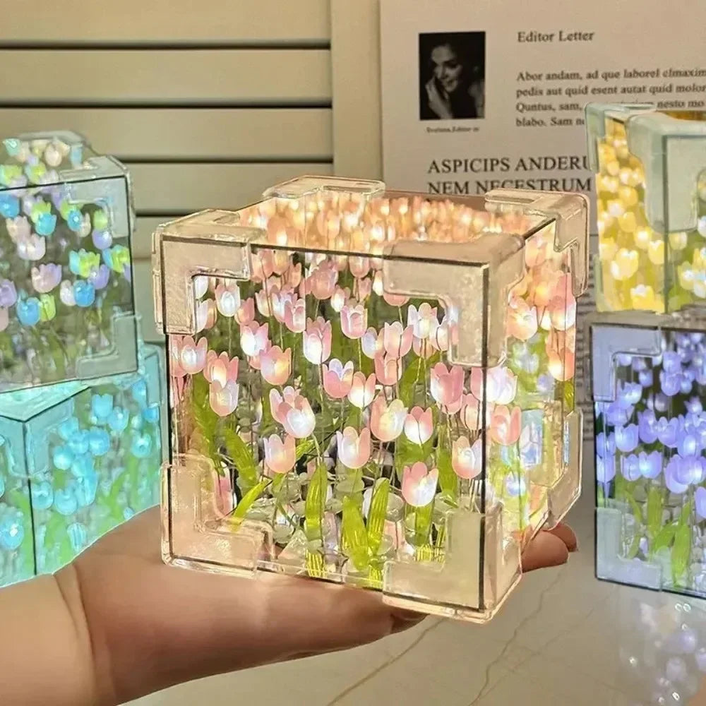 DIY Tulip Flower Sea Cube Night Lamp – Handmade Creative Gift for Girlfriend