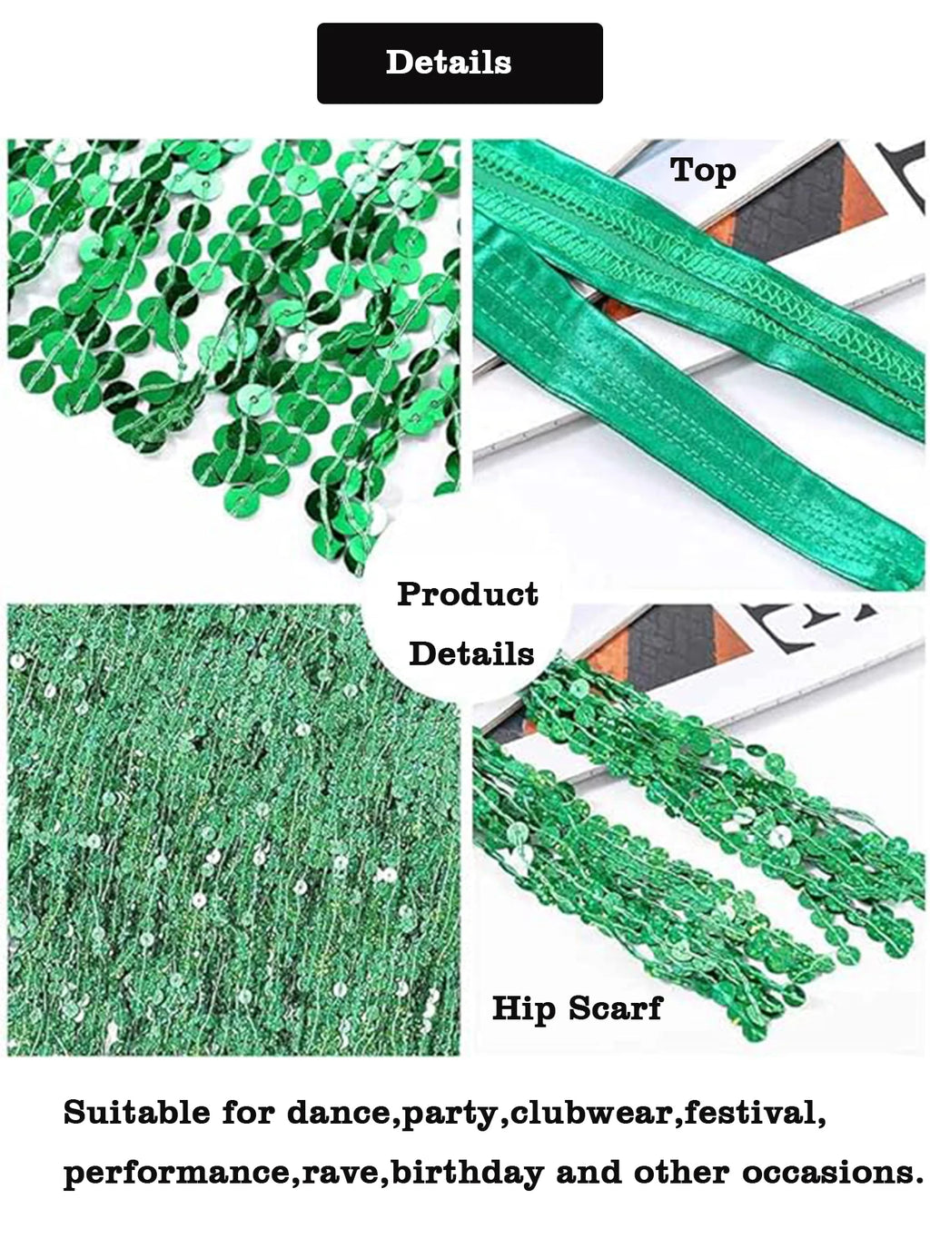 Green sequin hip scarf for dance, party, rave, and festival outfits, close-up fabric details.