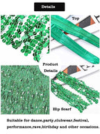 Green sequin hip scarf for dance, party, rave, and festival outfits, close-up fabric details.