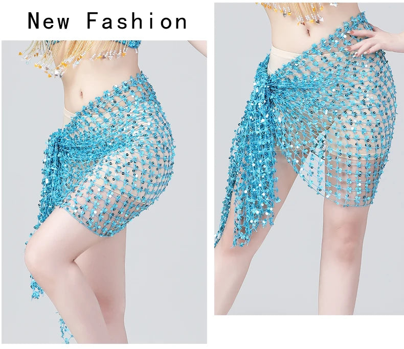 Blue beaded mesh hip scarf for dance, tied at waist, displayed on model.