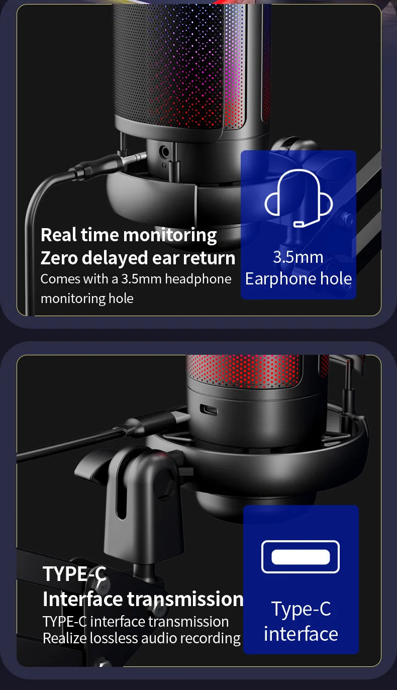 USB Condenser Microphone – RGB Gaming Podcast Mic for Studio Recording