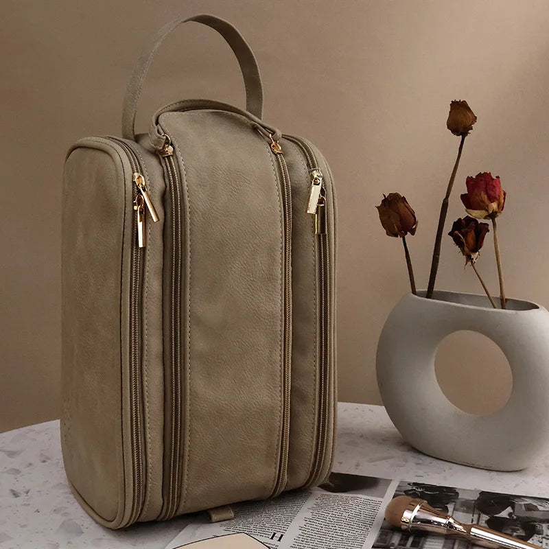 Large PU Leather Makeup Bag – Double Zipper Organizer for Travel Toiletries