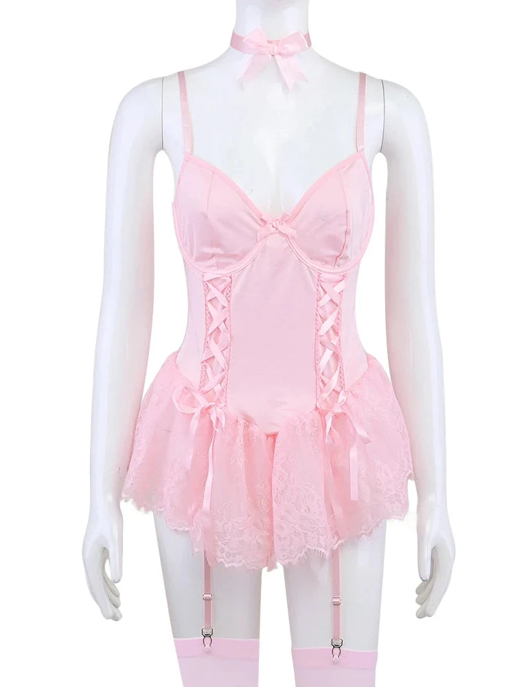 Pink Lace Corset Lingerie – Patchwork Garter Set for Cosplay Costume