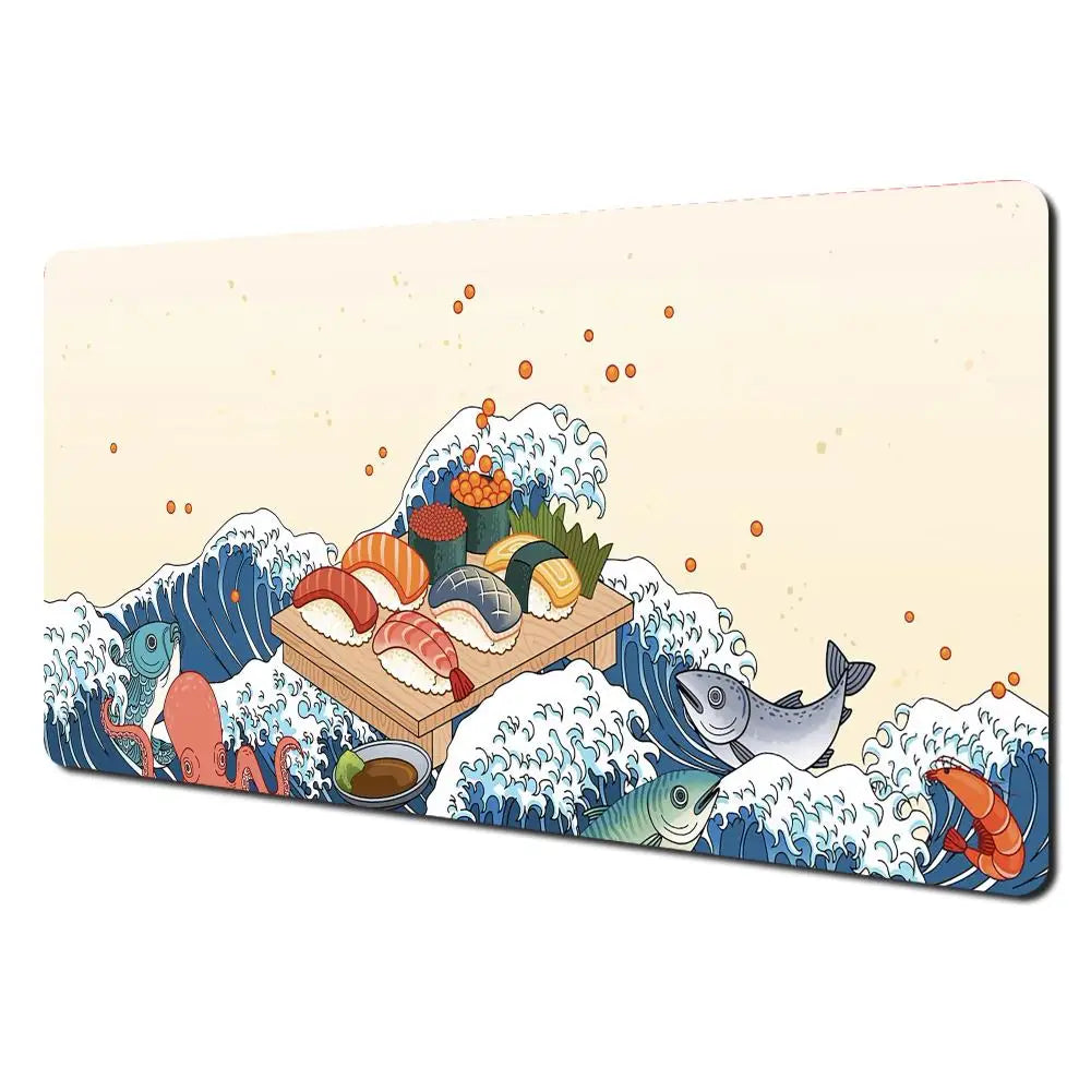 Wave and Sushi Desk Mat – Non-Slip Rubber Mouse Pad for Office and Gaming