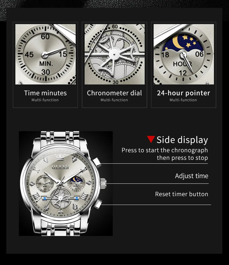 Quartz Chronograph Watch – Moon Phase Luminous Wristwatch for Men