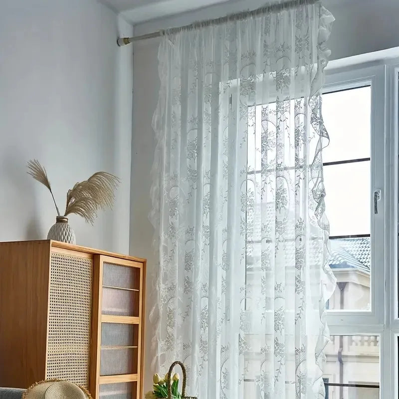 Floral Ruffled Tulle Curtain – Sheer Jacquard Lace Drapes for Living Room