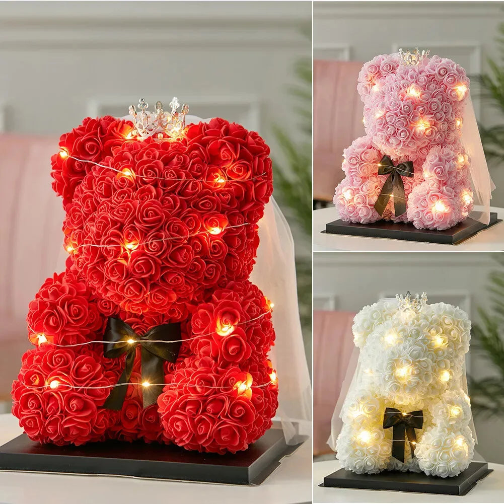 Artificial Rose Teddy Bear – 25cm Flower Gift for Valentines Anniversary