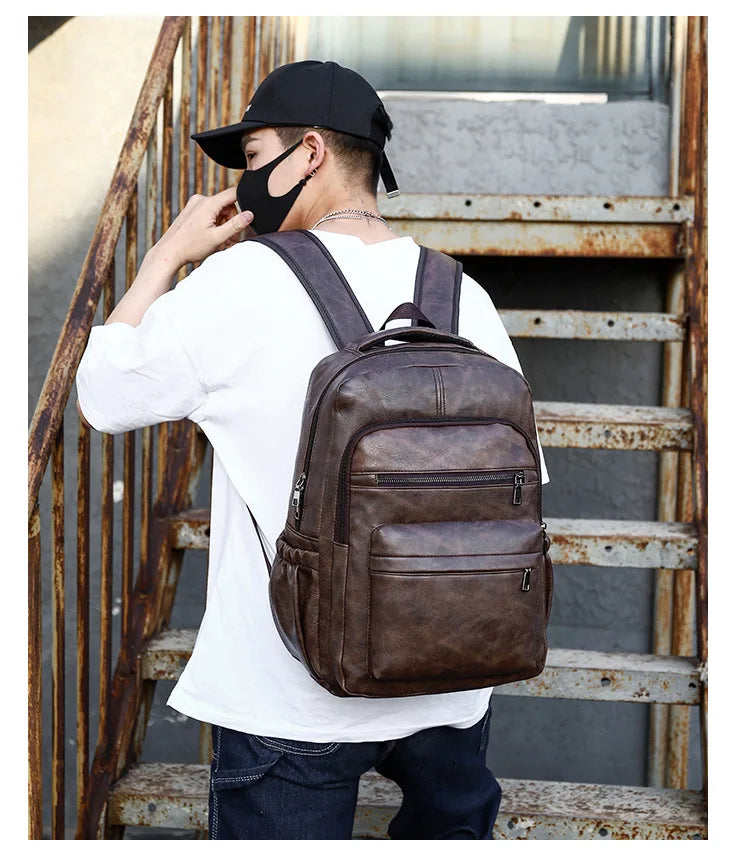 PU Leather USB Charging Laptop Backpack – Large Travel Bag for Men and Students