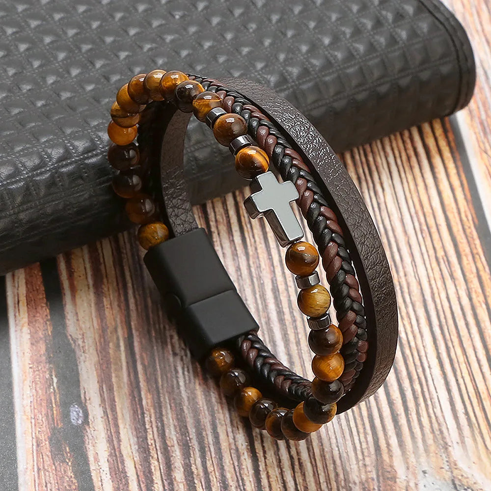 Tiger Eye Leather Bracelet – Multi-Layer Beaded Jewelry for Men