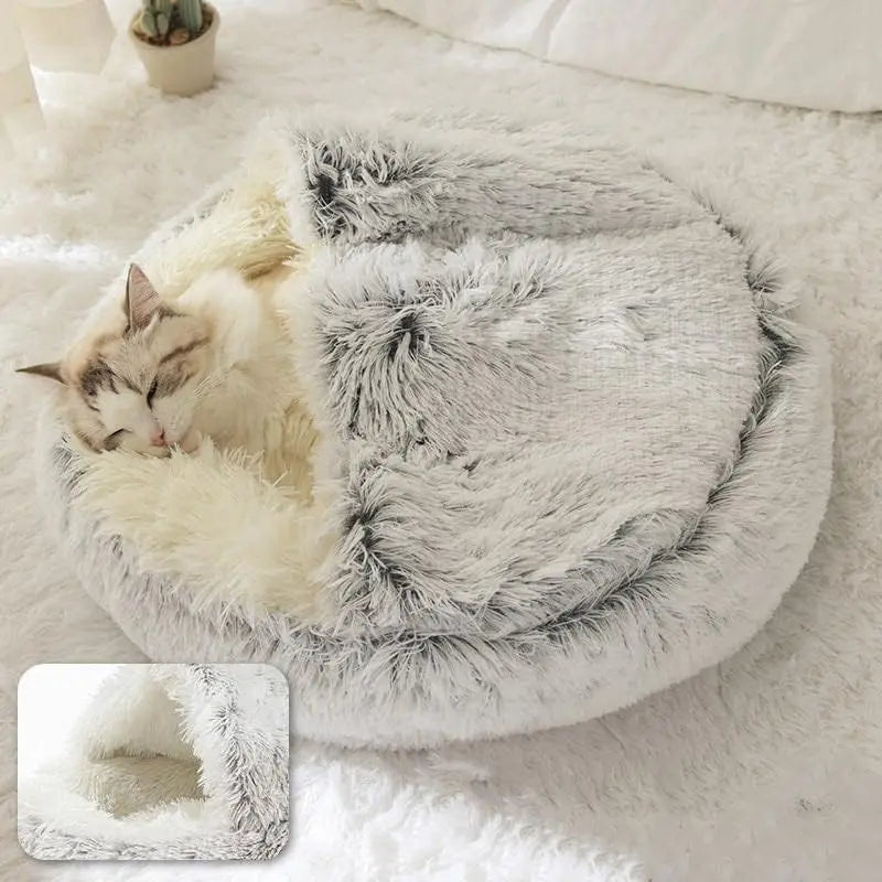 Plush Round Pet Bed – Warm 2-in-1 Cave Mattress for Small Cats and Dogs