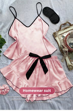Satin V-Neck Pajama Set – Ruffled Bow Shorts for Loungewear and Sleep