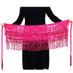 Person holding a pink sequined belly dance hip scarf with fringe and tassels