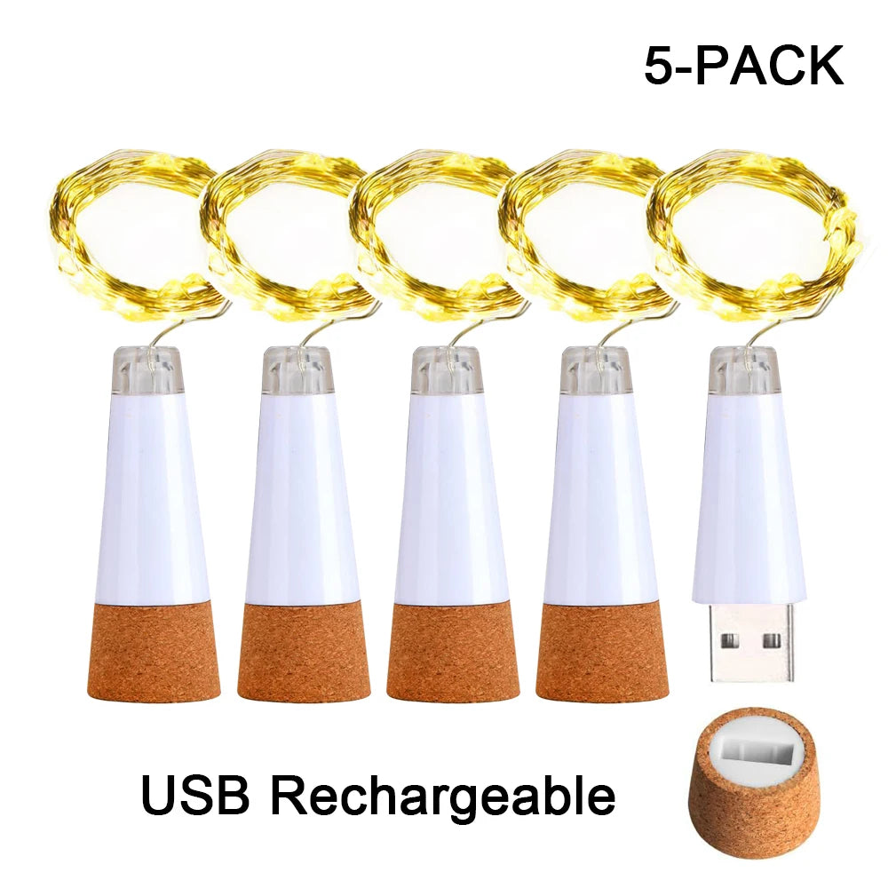 USB Rechargeable Cork Fairy Lights – 2m 20 LED String Lamp for Home Decor