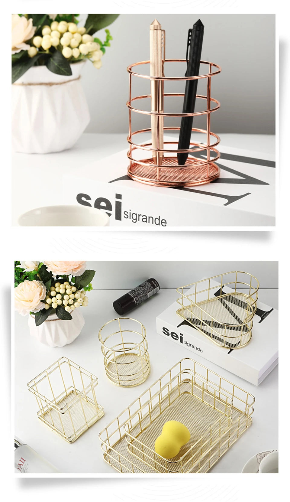 Gold Iron Storage Basket – Geometric Desktop Organizer for Makeup Brushes