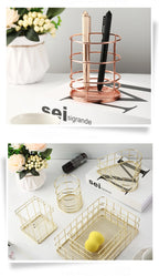 Gold Iron Storage Basket – Geometric Desktop Organizer for Makeup Brushes