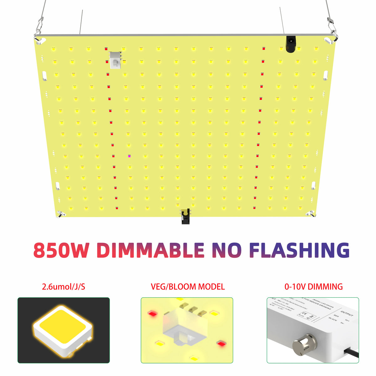 Full Spectrum LED Grow Light – 850W Quiet Fanless Panel for 5x5FT Indoor Plants