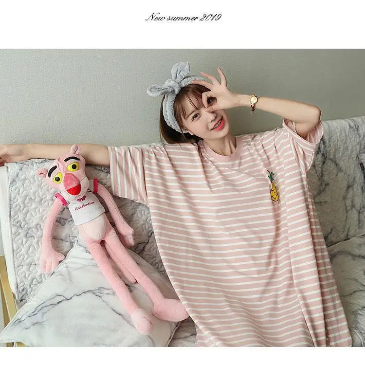 Plus Size Striped Pajama Dress – Short-Sleeved Cartoon Sleepwear for Women