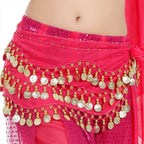 Pink belly dance hip scarf with gold coin trim and sequins