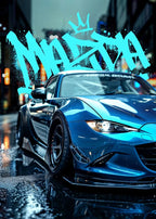 Abstract JDM Sports Car Canvas Wall Art – Blue Miata Supra E36 Print for Home Decor