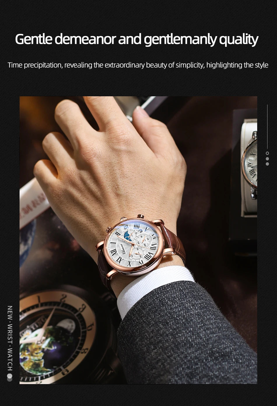 Leather Quartz Chronograph Watch – Men's Moon Phase Business Wristwatch