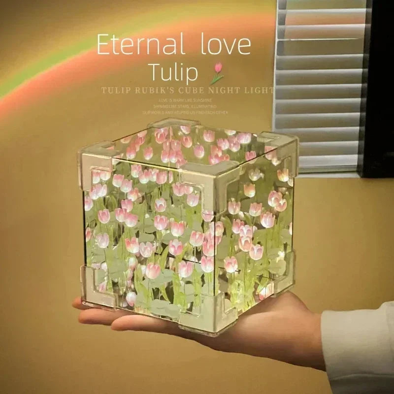 DIY Tulip Flower Sea Cube Night Lamp – Handmade Creative Gift for Girlfriend