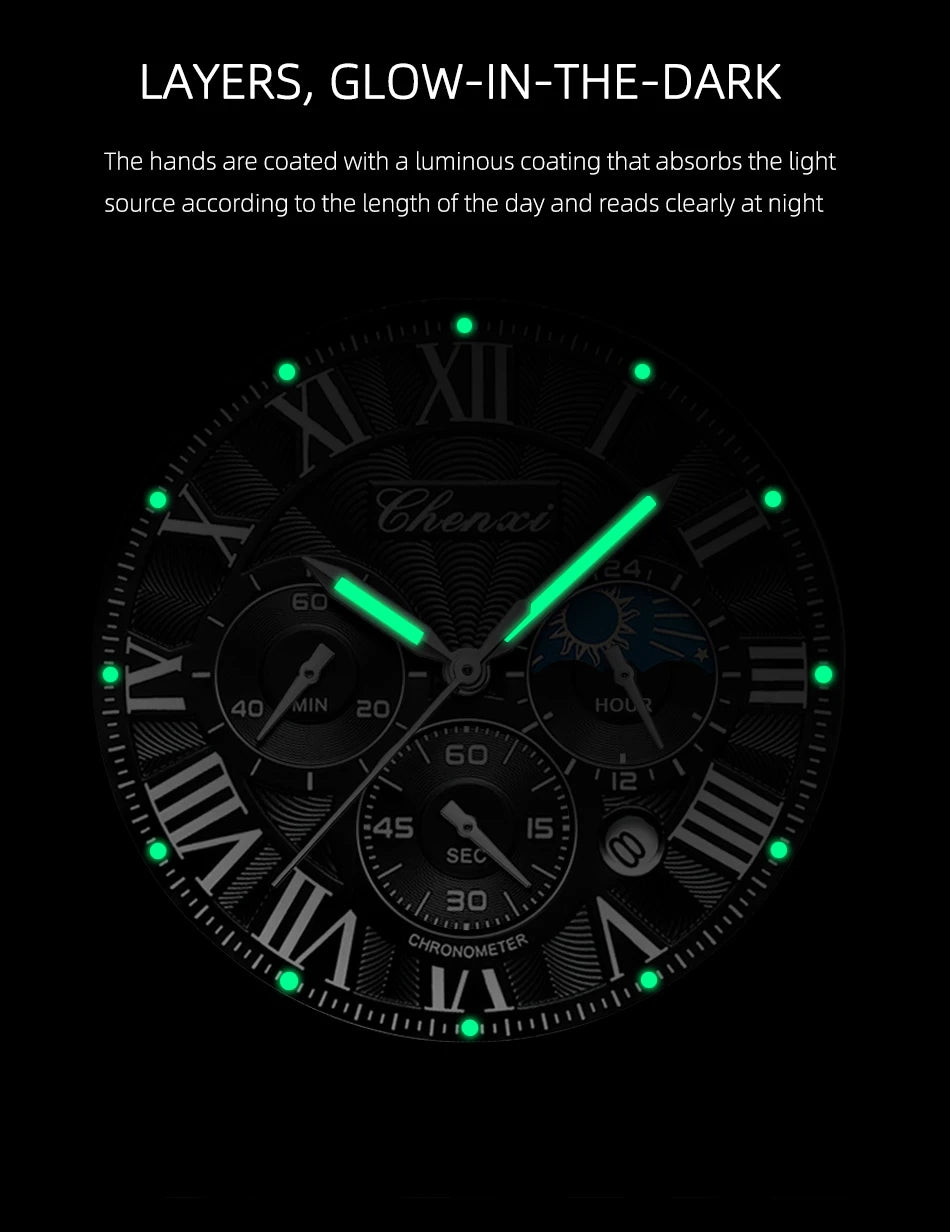 Leather Quartz Chronograph Watch – Men's Moon Phase Business Wristwatch