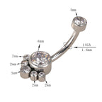 Silver curved belly button ring with clear crystals, paw print design, size measurements labeled