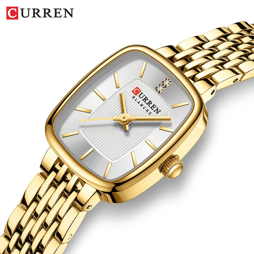 Gold Stainless Steel Quartz Watch – Elegant Square Dial for Business Fashion
