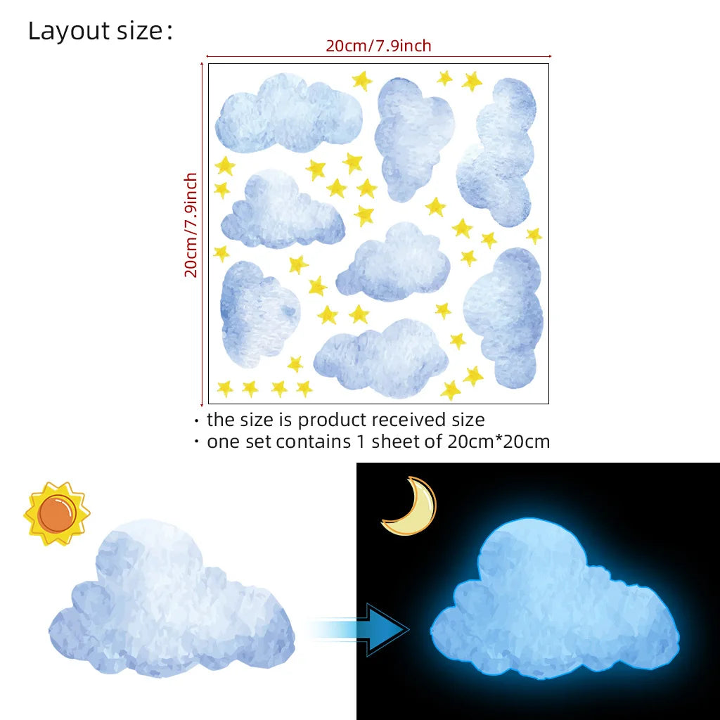 Luminous Cloud and Star Wall Stickers – Glow in the Dark Nursery Decor