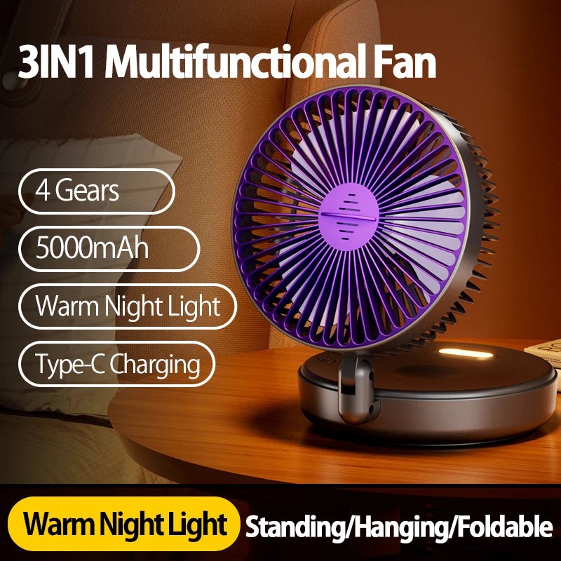 Rechargeable 3-in-1 Portable Fan – Multifunctional Cooling for Home and Travel