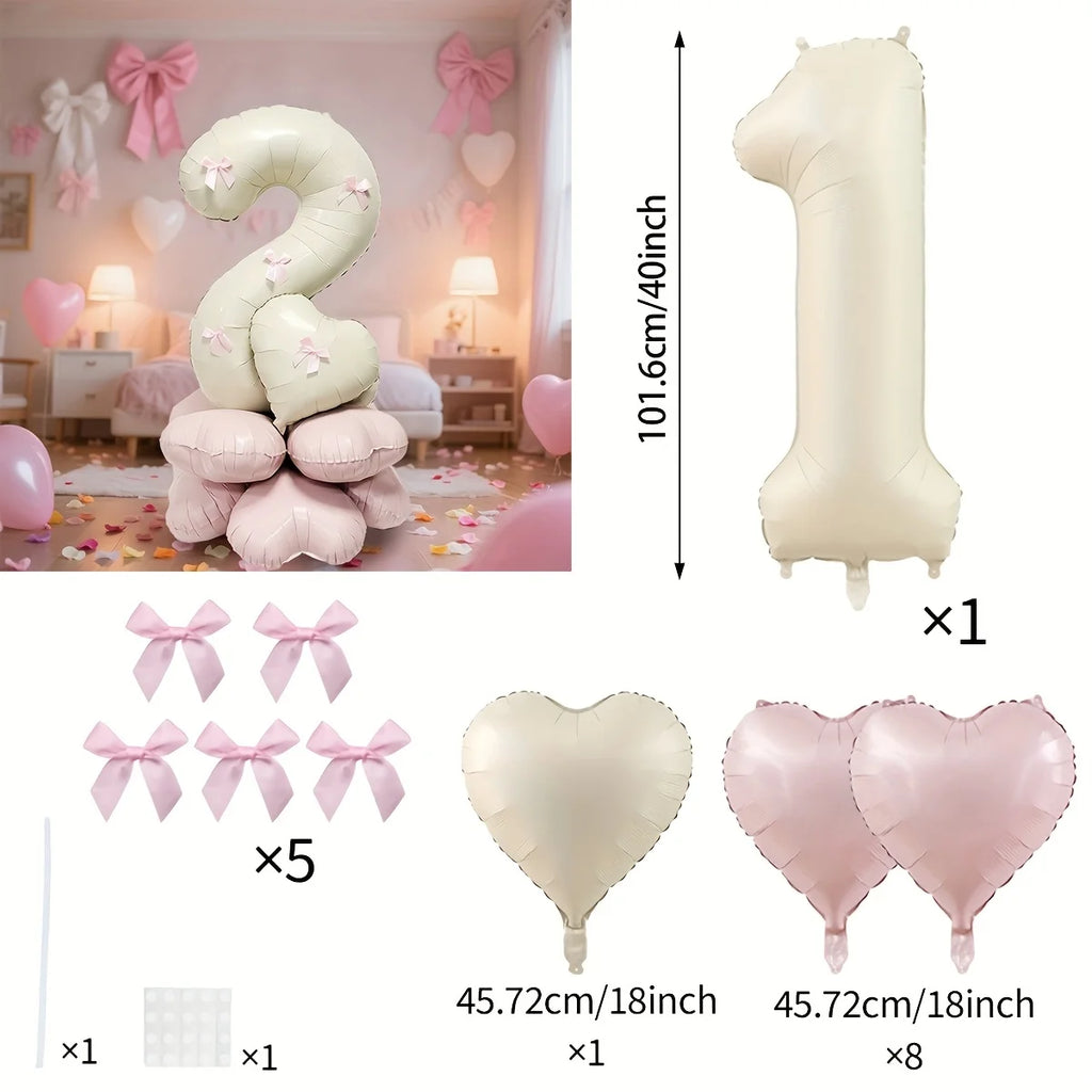 40-Inch Cream White Number Balloon Set – Heart Foil Decor for Kids Birthday
