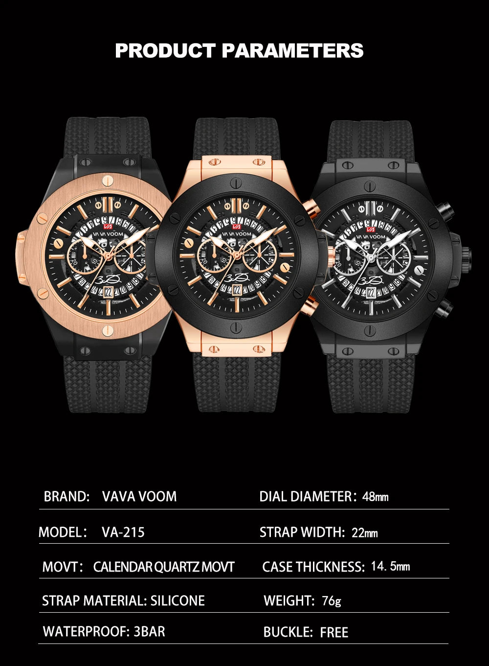 Mens Rose Gold Silicone Sports Watch – 46mm Hollow Dial for Daily Fashion