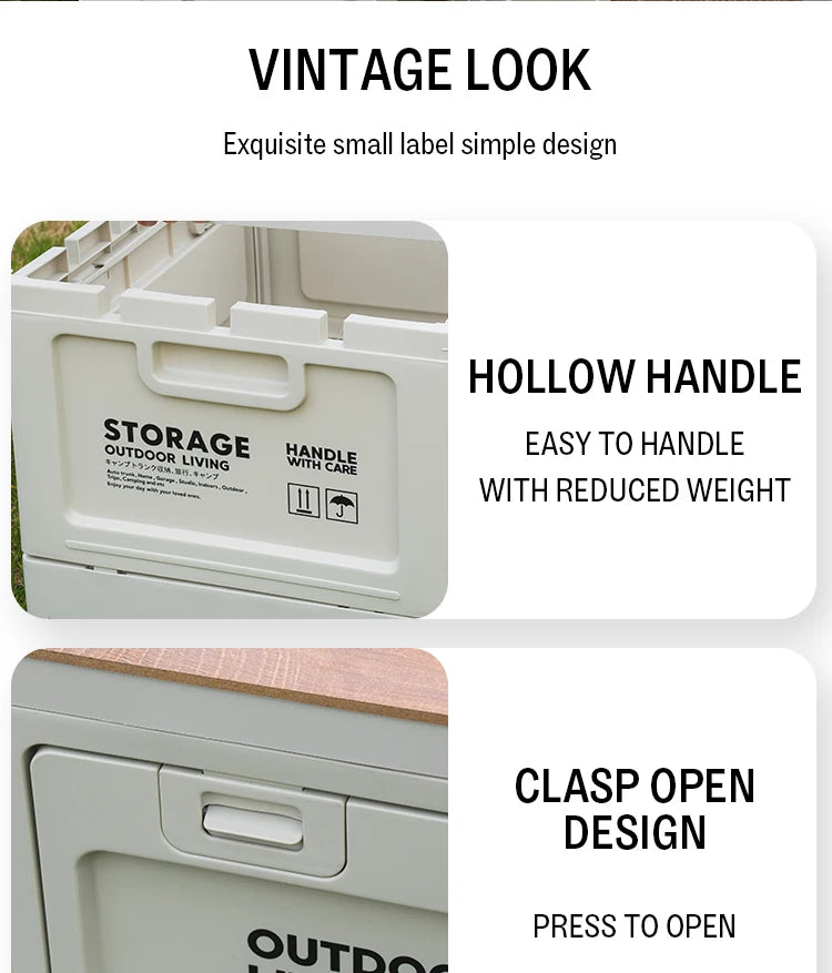 Folding Storage Box – Wooden Lid for Camping and Car Trunk Organization
