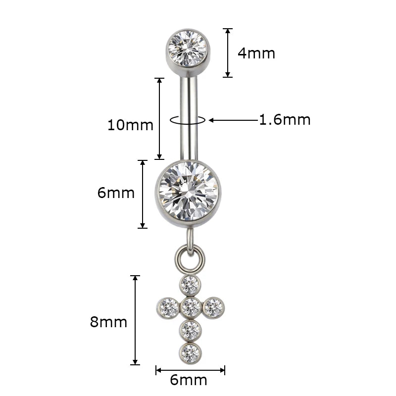 Silver belly button ring with clear crystals and cross charm, jewelry measurements labeled