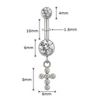 Silver belly button ring with clear crystals and cross charm, jewelry measurements labeled