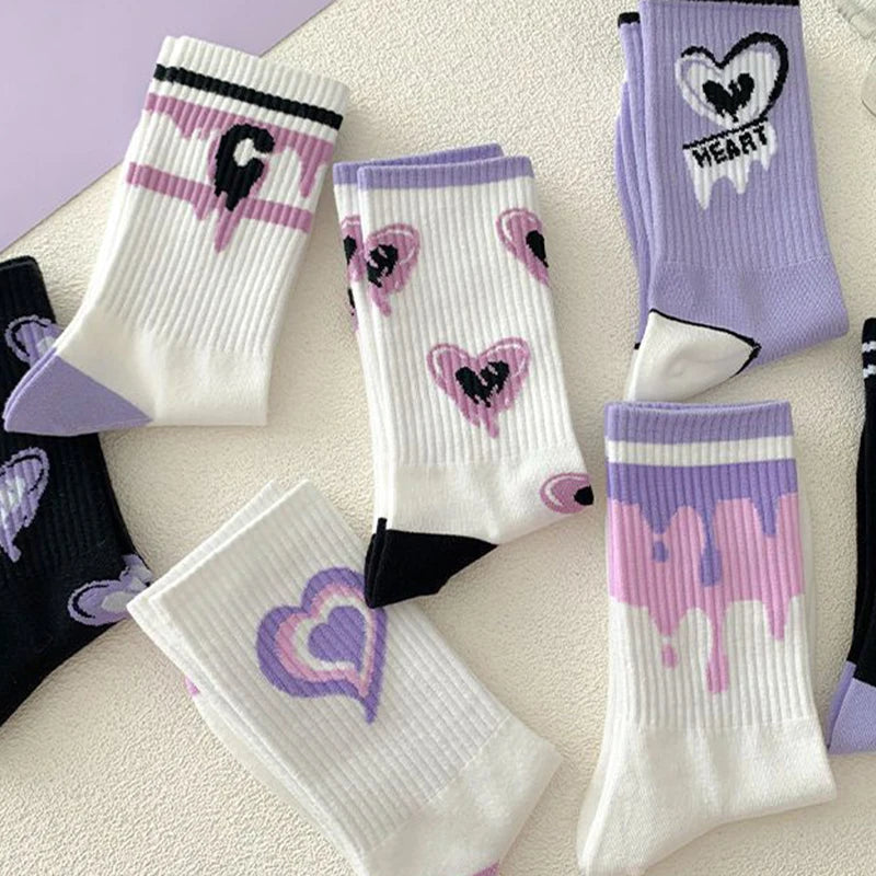 Heart-Shaped Printed Mid Tube Socks – Breathable Cotton for Casual Daily Wear