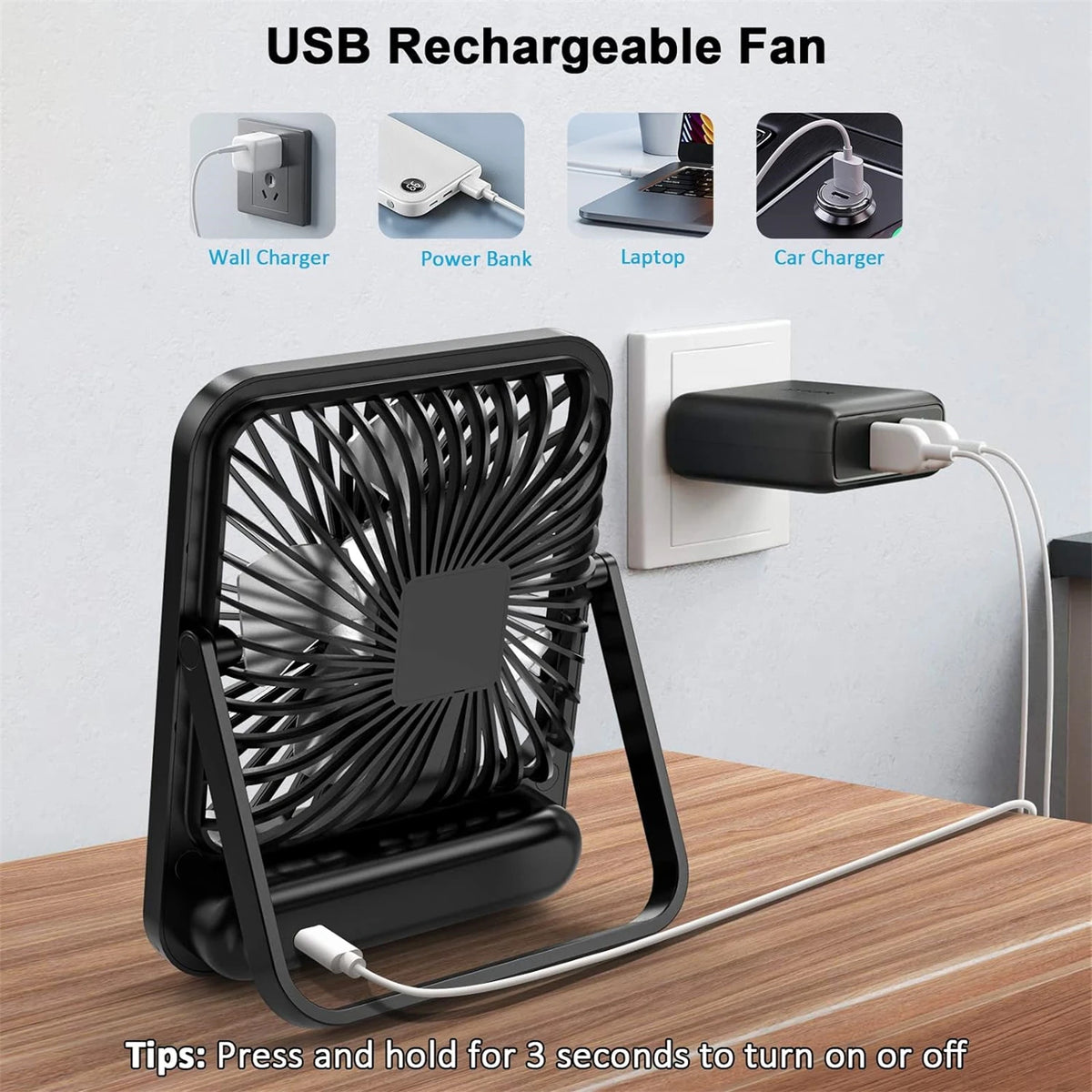 Portable USB Desk Fan – Rechargeable 5-Speed Cooling for Office and Travel