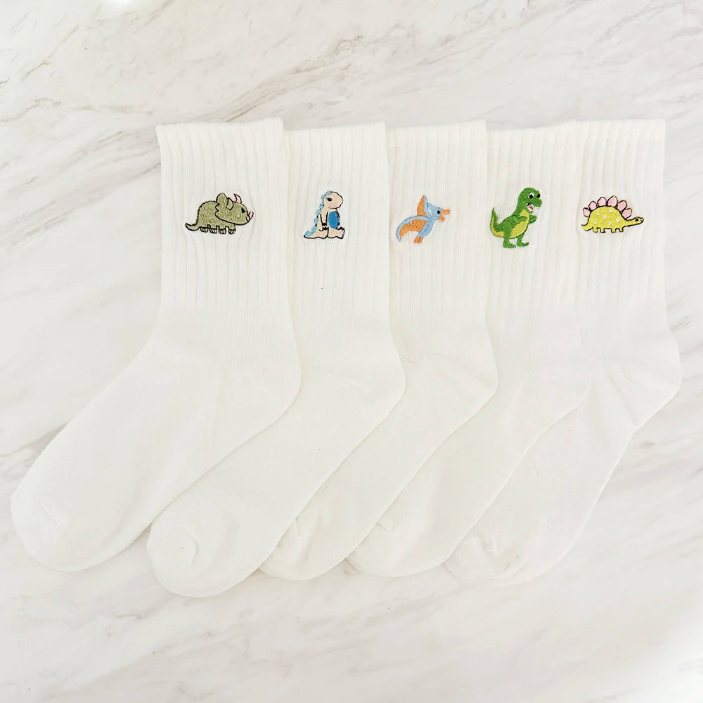 Embroidered Dinosaur Ankle Socks – Cute Cartoon Cotton Socks for Women