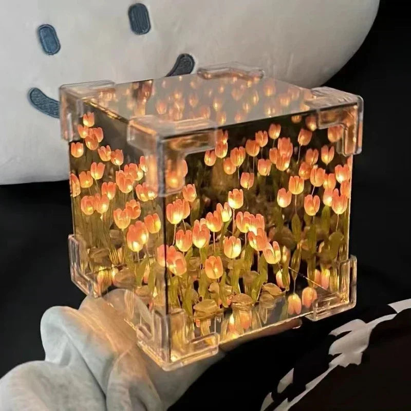 DIY Tulip Flower Sea Cube Night Lamp – Handmade Creative Gift for Girlfriend