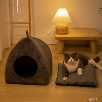 Enclosed Triangle Cat Bed – Warm Plush House for Indoor Winter Sleep