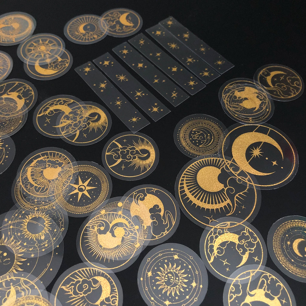 Glitter Gold PET Adhesive Stickers – Celestial Stars and Moon for Journaling